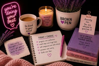 Cozy scene with inspirational quotes, tea, candle, lavender, and books.