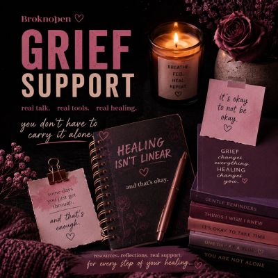 Grief support resources with healing messages in a cozy setting.