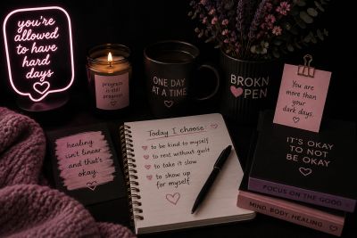 Cozy setup with inspirational notes, candles, and a notebook.
