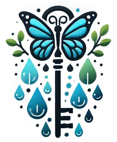 A stylized butterfly integrated with a key and surrounded by blue droplets and green leaves.