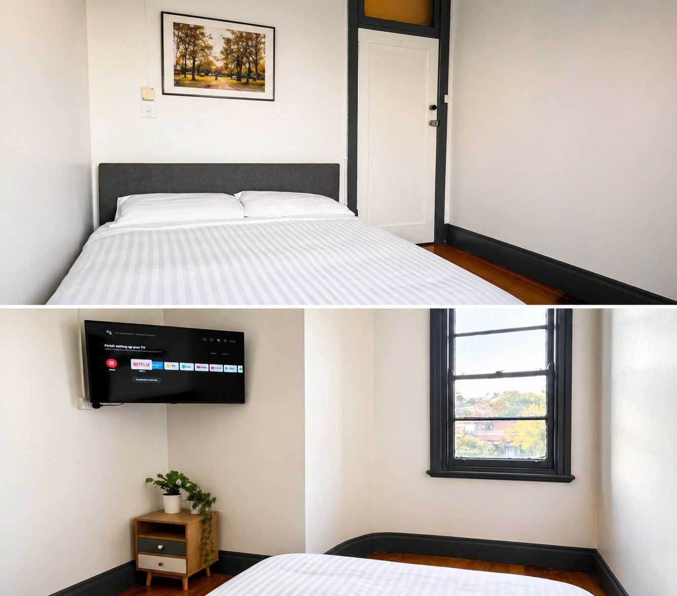Minimalist bedroom with a cozy bed, wall-mounted TV, and a small plant on a wooden nightstand.