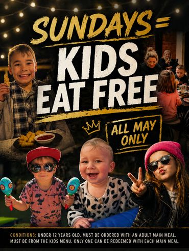 Promotional poster: Kids eat free on Sundays in May.