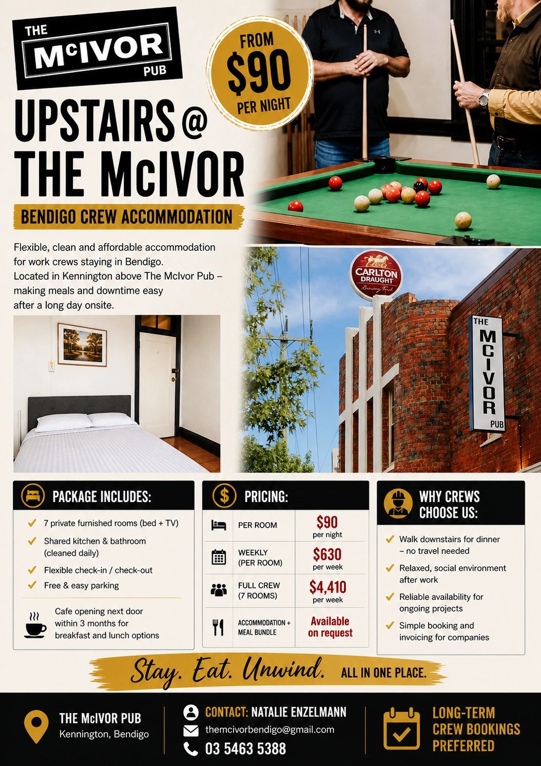 Advertisement for affordable crew accommodation upstairs at The McIvor Pub in Bendigo from $90 per night.