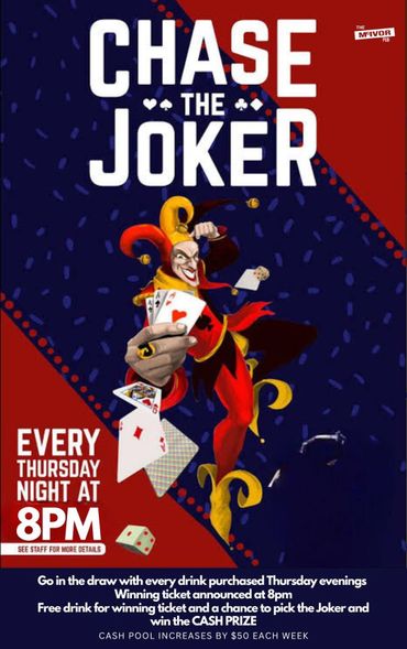 Promotional poster for 'Chase the Joker' game night every Thursday at 8 PM.