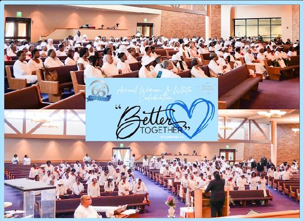 Congregation dressed in white attending a church celebration titled 'Better Together'.
