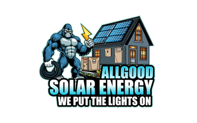 Logo of Allgood Solar Energy with a strong gorilla and solar-powered house.