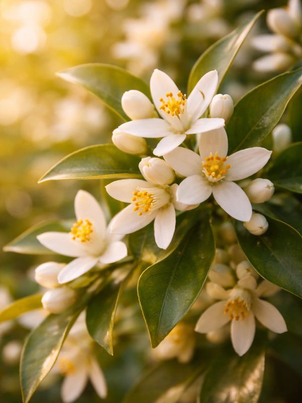 Close-up of delicate white flowers with yellow centers and glossy green leaves.
