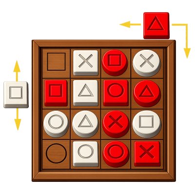 A colorful tic-tac-toe game board with various shapes.