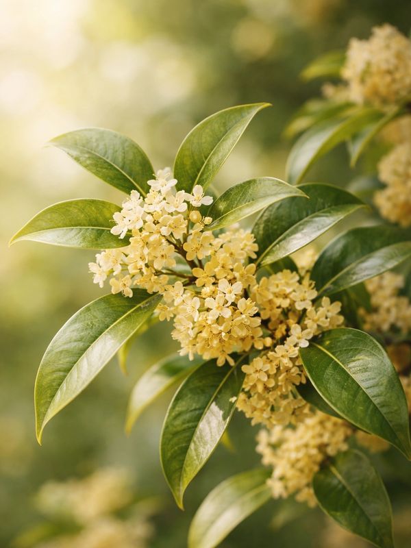 Cluster of small yellow flowers with green leaves in soft sunlight.
