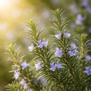 Close-up of rosemary branches with delicate purple flowers in soft sunlight.