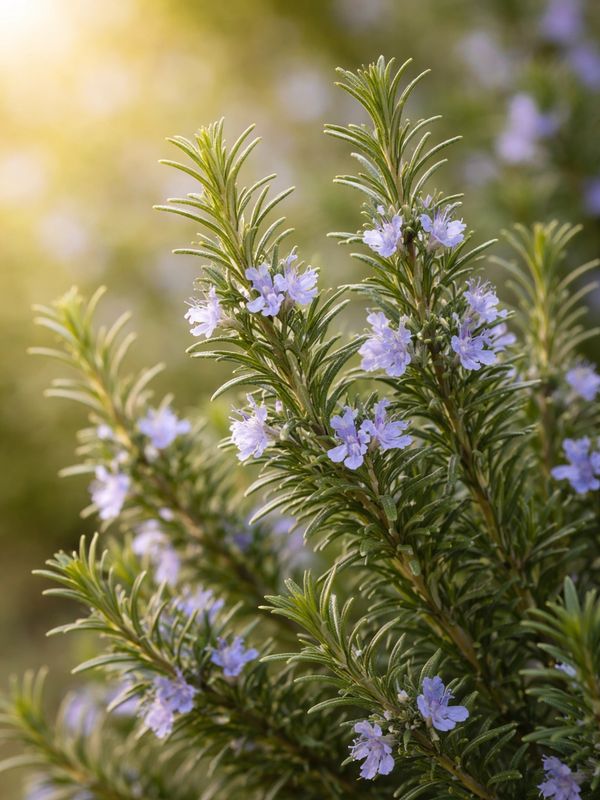 Sunlit rosemary branches with delicate purple flowers.