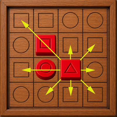Wooden puzzle with red pieces showing move directions.