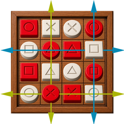 Tic-tac-toe board with red and white pieces and directional arrows.