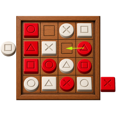 Tic-tac-toe game with red and white pieces on a wooden board.