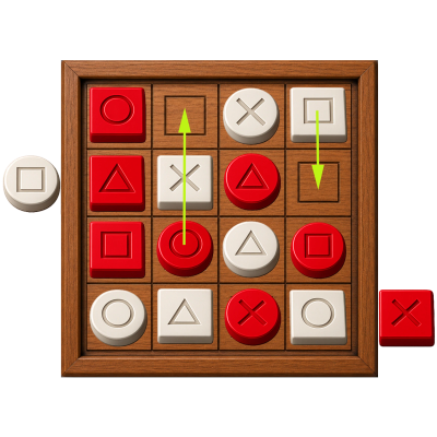 A wooden tic-tac-toe board with red and white shape pieces.