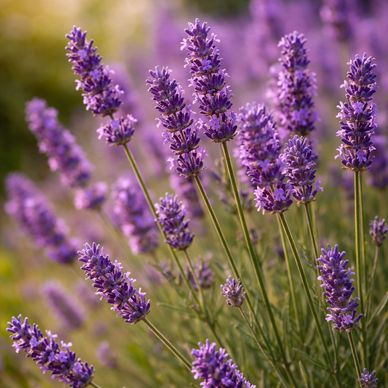 Close-up of purple lavender flowers in a sunlit garden.