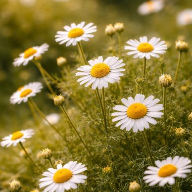 White daisies with yellow centers blooming in a green field.