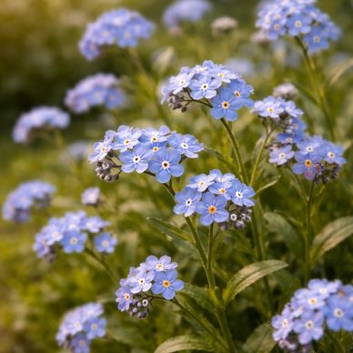 Delicate blue forget-me-not flowers blooming in a sunlit garden.