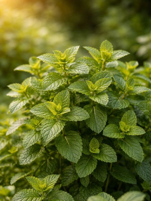 Close-up of vibrant green mint leaves in sunlight.