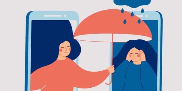 Illustration of one woman protecting another with an umbrella from rain, symbolizing support.