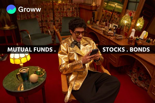 Man in gold jacket using phone with investment options text.
