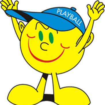 Yellow round playball cartoon man smiling and holding arms in the air