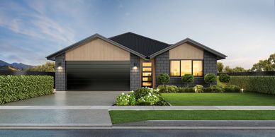 Modern single-story house with dark roof and garage.