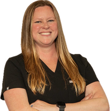 Smiling woman with folded arms in black shirt.