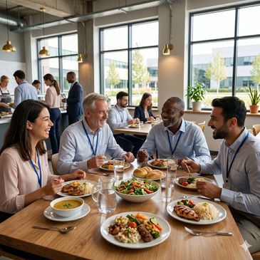 Coworkers enjoying a meal and conversation in a bright cafeteria.