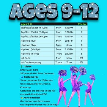 Dance class schedule for ages 9-12 with various styles and recital info.