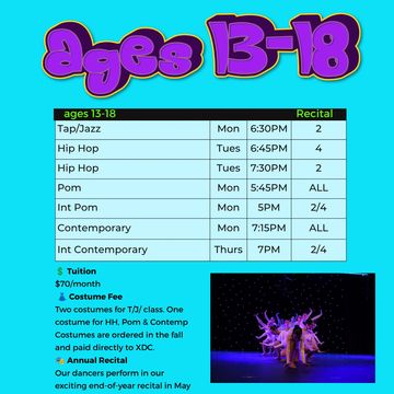 Recital schedule for ages 13-18 dance classes with tuition and costume fee details.