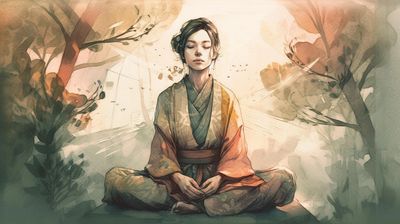 A person meditating peacefully in traditional attire amidst a serene nature backdrop.