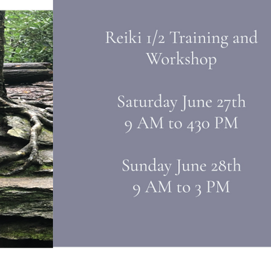Reiki training and workshop scheduled for June 27-28 with specific times.
