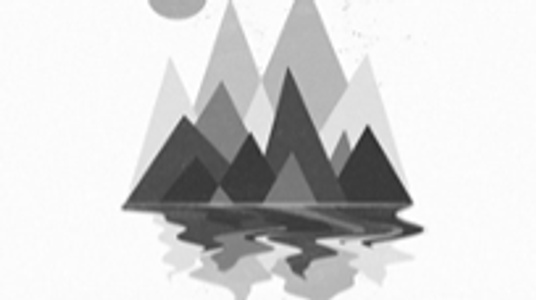 Abstract grayscale mountains with a reflective water surface below.