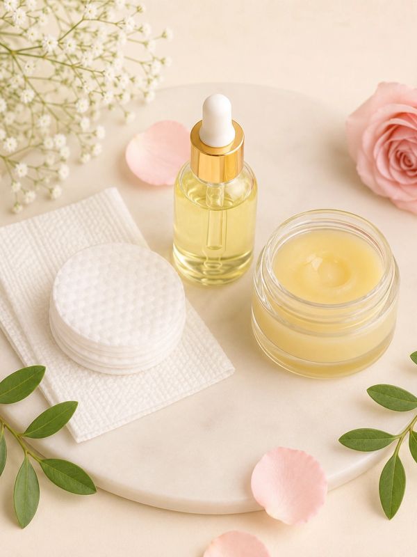 Skincare products with cotton pads and flowers on a marble tray.