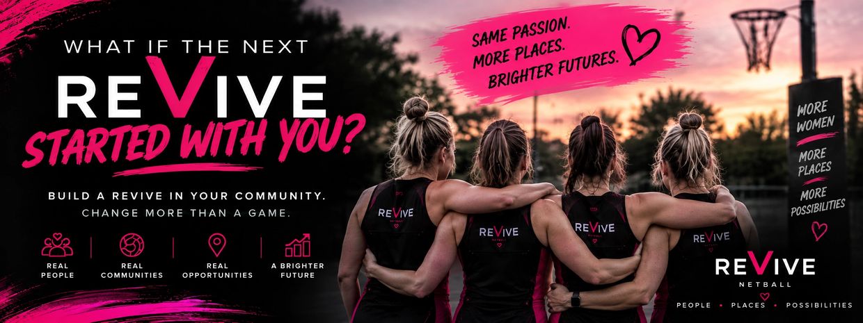 Women embracing on a netball court promoting community Revive program.