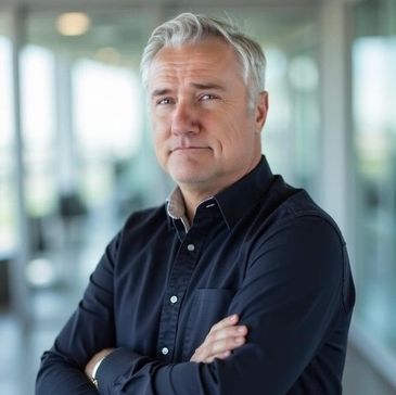 Confident middle-aged man with gray hair in a black shirt, arms crossed.