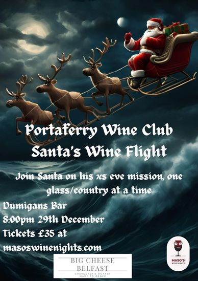 Santa's wine flight event with reindeer and sleigh under a moonlit sky.