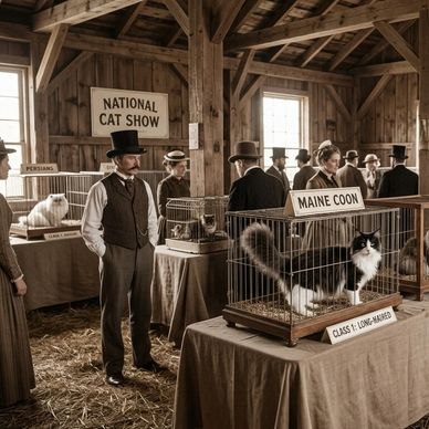 Victorian-era cat show with various breeds in cages.
