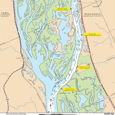 Nautical map of the Mississippi River between Iowa and Wisconsin.