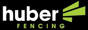 Huber Fencing logo with bold white and green text on black background.