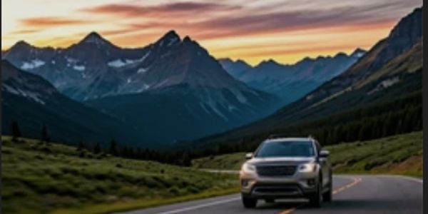 SUV driving on a mountain road at sunset.