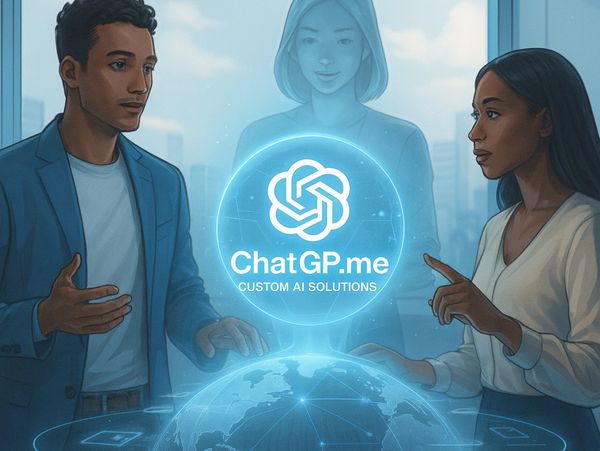 Two professionals discussing AI technology with a holographic globe and ChatGP.me logo.