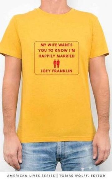 Yellow t-shirt with text about being happily married by Joey Franklin.