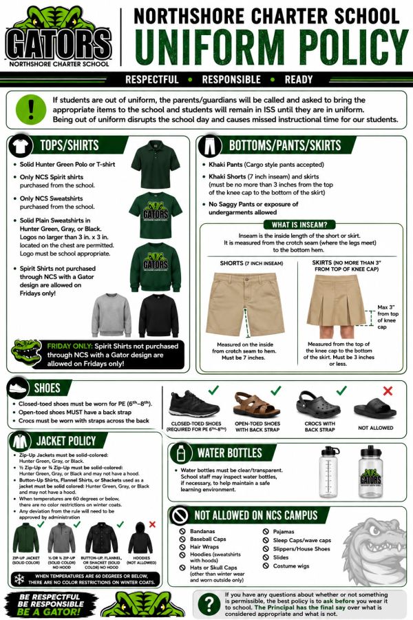 Northshore Charter School uniform policy infographic explaining tops, bottoms, shoes, and water bottles rules.