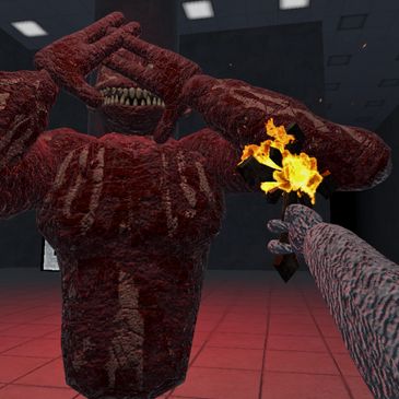 A monstrous creature with a torch in a dark room.