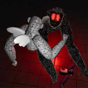 Two shadowy, monstrous figures with glowing red eyes in a dark, tiled room.