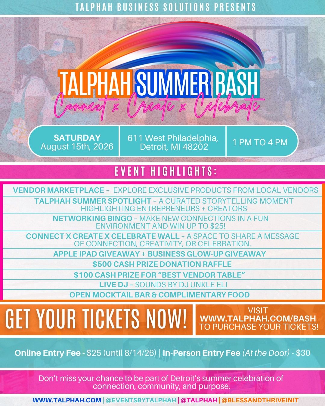 Flyer for Talphah Summer Bash event on August 15, 2026, in Detroit with vendors, giveaways, live DJ, and more.