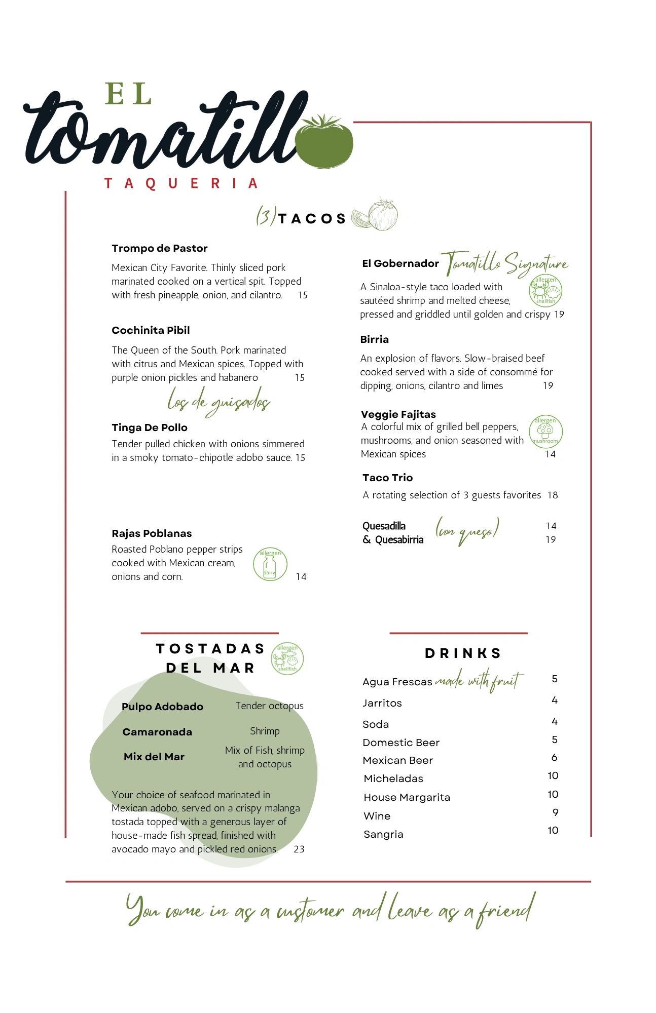 Menu from El Tomatillo Taqueria featuring tacos, tostadas del mar, and drinks.