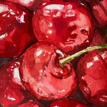 Cherries, painted in gouache paint